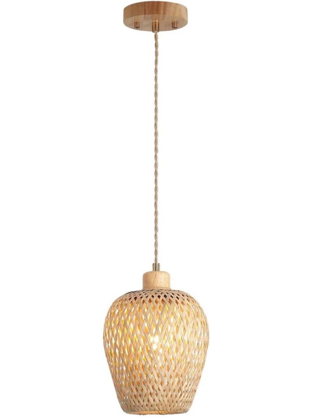 Handmade Woven Bamboo Pendant Light Fixture - Adjustable Boho Mini Lighting for
